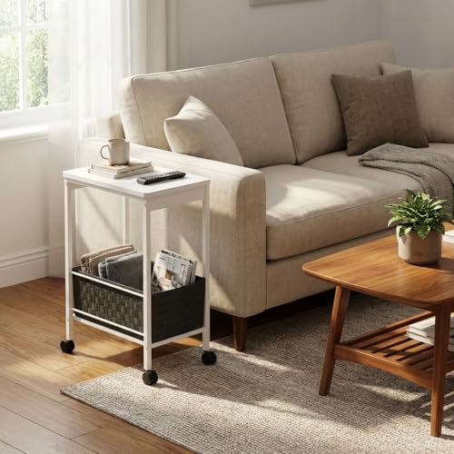 Slim Rolling Side Table with Basket, Narrow Storage Cart on Wheels for Sofa | Rolling side table with basket for living room, bedroom | Holds lamp, plants | Wood-metal shelf | Nightstand, printer stand