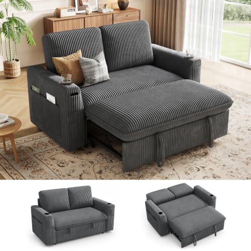Sleeper Sofa with Pull Out Bed, Plush Corduroy Convertible Sofa Bed with Adjustable Backrest and Cup Holders, Loveseat Sleeper Couches for Living Room, Apartment, Light Grey - color: Smoke Grey, size: Loveseat (2-Seat)