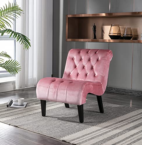 Comfy Velvet Accent Chair, Tufted Armless Side Chair with Rolled Edge | Modern Small Lounger for Living Room, Upholstered Reading Chaise Lounge with Solid Rubber Wood Legs, Pink - color: Pink, size: Set of 1