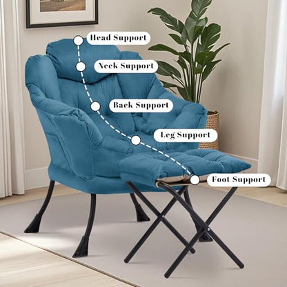 Lazy Chair with Ottoman, Comfy Reading Chair, Blue | Cushioned Seat with Foldable Ottoman and Side Pocket, Lounge Chair for Bedroom, Living Room, Dorm and Small Spaces - color: Blue