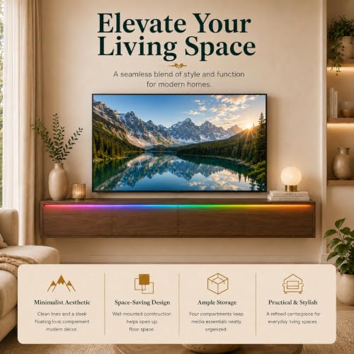 Brown Floating TV Stand Wall Mounted, 72.8" Media Console | Fits Up to 80* TV, Brown finish, midcentury modern tv stand. - color: Brown-c
