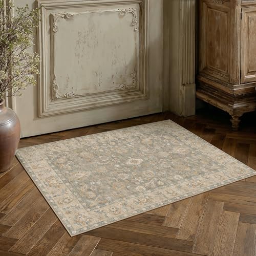 2x3 Brown Neutral Small Area Rug | Washable, Non Slip, Low Pile, Soft, Vintage, Distressed, Floral, Farmhouse, for Entryway Kitchen Bathroom Laundry Room - color: Brown, size: 2' x 3' (Rectangular)