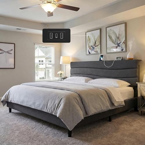 EnHomee King Size Bed with Upholstered Headboard & Charging Station | Adjustable height, Wave design, 2 USB & 1 Type-C ports, Under-bed storage, Noise-free, No box spring needed, Grey - color: Grey, size: King