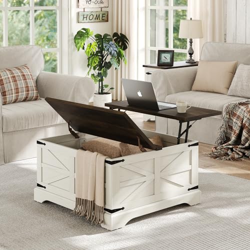 Farmhouse Lift Top Coffee Table, Square Wood Center Table with Large Hidden Storage Compartment for Living Room, Rustic Cocktail White Modern Table with Hinged Lift Top, Brown Top - color: Brown Top, size: 31.5''W