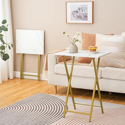 HOOBRO Folding TV Tray Tables, Set of 2 Side Table for Small Space, Industrial Snack Tables for Eating at Couch, Stable Metal Frame, Easy Assembly, Space Saving, Marble and Gold DM25BZ01 - color: Marble + Gold