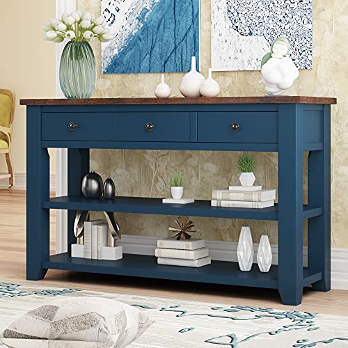 Modern Console Table, Wood Sofa Table with 3 Drawers and 2 Shelves, Sideboard Buffet Table for Entryway/Living Room/Bedroom/Hallway (Blue) - color: Blue