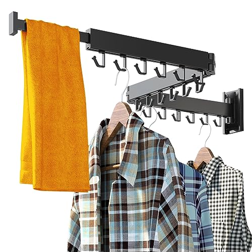 HEILAIYI Clothes Drying Rack for Laundry,Wall Mounted Clothes Hanger Rack,Folding,Retractable,Collapsible(J Shape Hooks) - size: Black/J-Shape Hooks