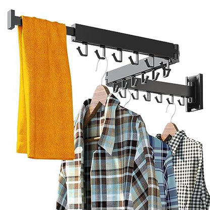 HEILAIYI Clothes Drying Rack for Laundry,Wall Mounted Clothes Hanger Rack,Folding,Retractable,Collapsible(J Shape Hooks) - size: Black/J-Shape Hooks