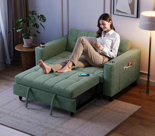 LINSY 54" Pull Out Couch with Charging Station - Sleeper Sofa Bed with Cup Holder, Small 3 in 1 Convertible Loveseat Sleeper Couch for Apartment, Dorm Room, Bedroom and Small Space(Olive Green) - color: Green