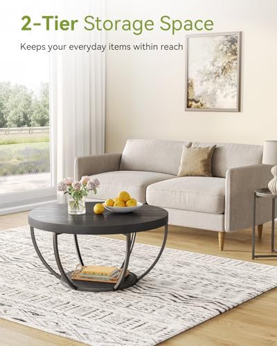 LITTLE TREE Round Coffee Table, 32" Circle Coffee Table for Living Room | 2-Tier Wood Accent Center Table with Open Storage Industrial Design Home Furniture (Black) - color: Black