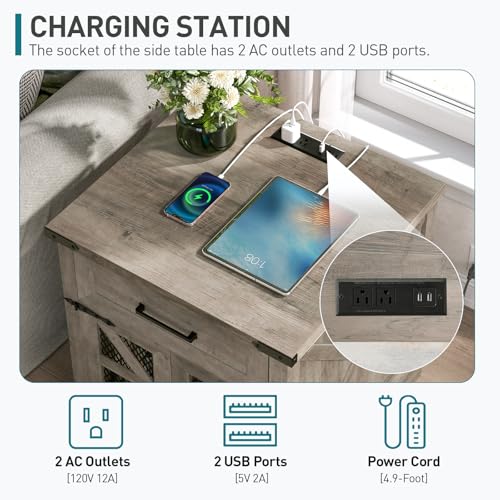 Farmhouse End Table with Charging Station, 24" Large Sofa Side Table with Drawer, Large End Table for Living Room, Wooden Nightstand with Outlet, Square, Greige - color: Greige