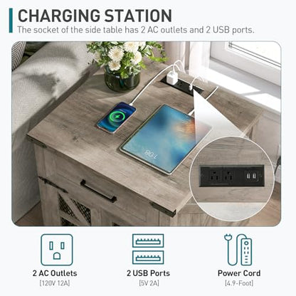 Farmhouse End Table with Charging Station, 24" Large Sofa Side Table with Drawer, Large End Table for Living Room, Wooden Nightstand with Outlet, Square, Greige - color: Greige