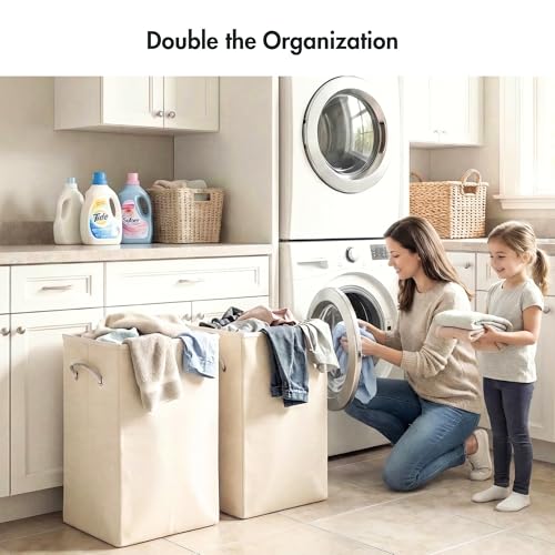 Luxe Slim Collapsible Laundry Hamper with Lid, Beige, 2-Pack, 50L | Polyester Construction, Carry Handles, Removable Liner, Rectangular Shape