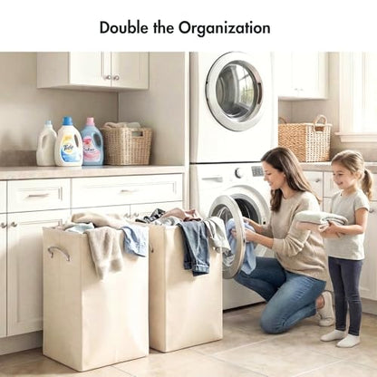 Luxe Slim Collapsible Laundry Hamper with Lid, Beige, 2-Pack, 50L | Polyester Construction, Carry Handles, Removable Liner, Rectangular Shape