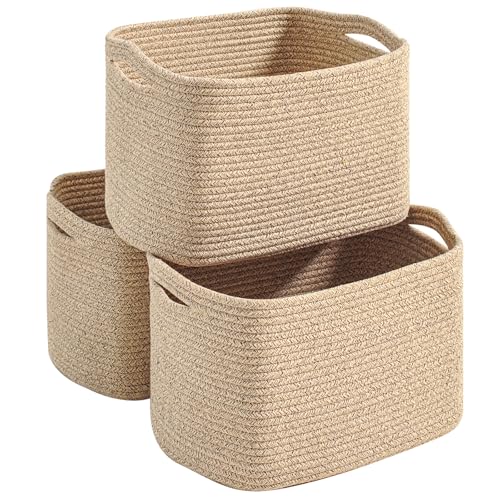 Storage Baskets for Organizing Shelves, Woven Cotton Rope Basket for Storage, Dog Toy Baskets Storage Kids, Cute Shelf Basket for Living Room Bedroom, 14.8"×11"×9.5", Pack of 3, Brown - color: Brown