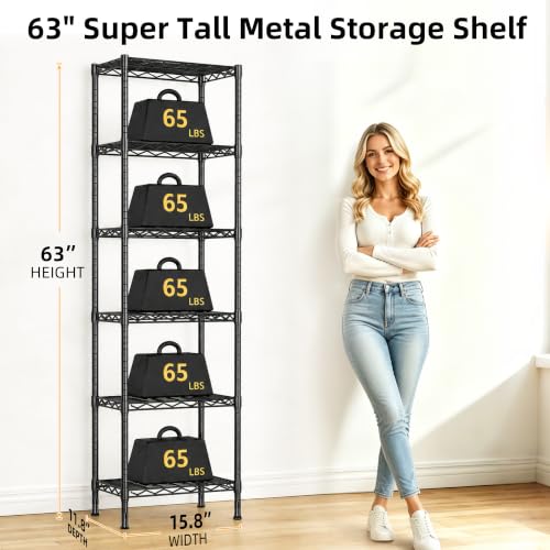 Lab Cosi 6 Tier Narrow Shelf 15.85" W Black Wire Rack, Adjustable Metal Storage Organizer for Pantry Kitchen Closet, Freestanding Shelf Unit - size: 15.85"W x 63"H x 11.8"D