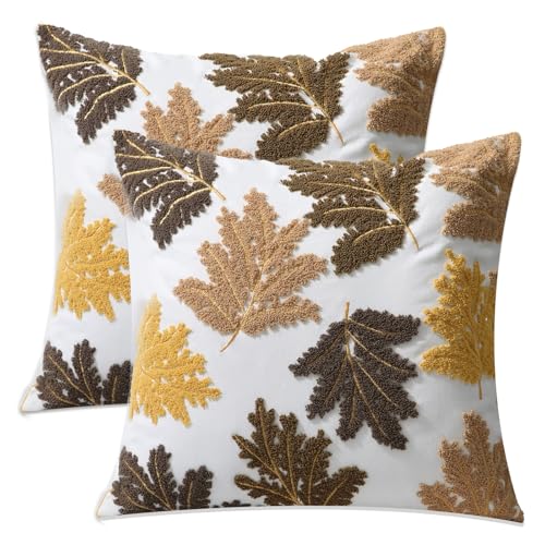 Set of 2 Embroidered Decorative Throw Pillow Covers Couch Square Pillowcases Cushion for Bedroom Sofa Farmhouse Decor 18x18 Inch (Yellow Maple Leaf) - color: Yellow Maple Leaf