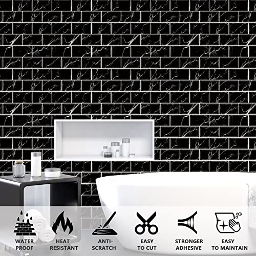 URCOLOR 10-Sheet Back Splashes for Kitchens Peel and Stick,12"x12" Self Adhesive Subway Wall Tiles Stick on backsplash Tiles for Bathroom Black Marble - color: Black