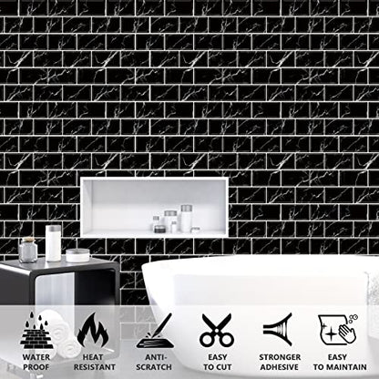 URCOLOR 10-Sheet Back Splashes for Kitchens Peel and Stick,12"x12" Self Adhesive Subway Wall Tiles Stick on backsplash Tiles for Bathroom Black Marble - color: Black