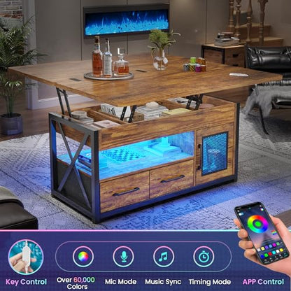 Itaar 40" Lift Top Coffee Table with Storage for Living Room, 4 in 1 Table | Rustic Brown LED Expandable Coffee Table with 2 Fabric Drawers & LED Light & Hidden Compartmen for Dining Living Room Table - color: Rustic Brown