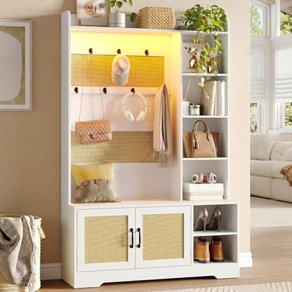 Maupvit 67" H Boho Rattan Hall Tree with LED Light, 4-in-1 Entryway Shoe Cabinet with Coat Rack, Cushioned Bench & Hidden Storage, Freestanding Mudroom Bench with Hooks & Shelves for Hallway, Foyer