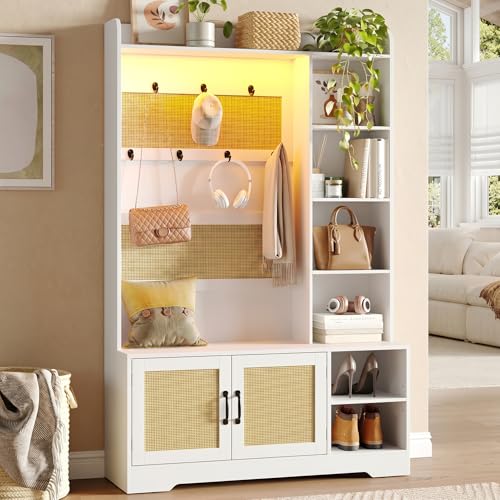 Maupvit 67" H Boho Rattan Hall Tree with LED Light, 4-in-1 Entryway Shoe Cabinet with Coat Rack, Cushioned Bench & Hidden Storage, Freestanding Mudroom Bench with Hooks & Shelves for Hallway, Foyer