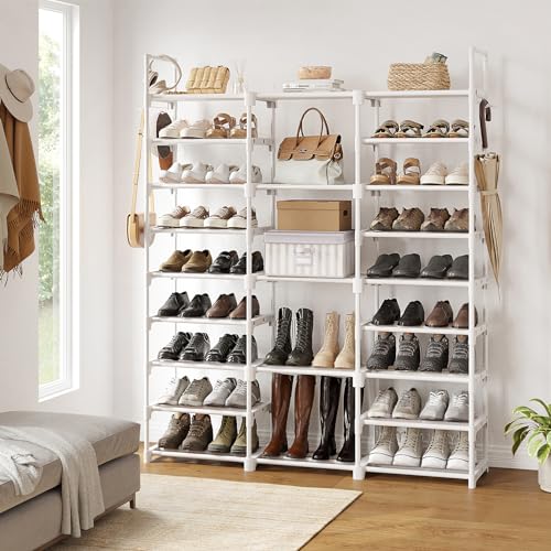 WOWLIVE 9 Tier 3-Column Shoe Rack, 50-55 Pairs Stackable White | 50in Long for Larger Entryways, Removable Shelves Fit Tall Boots, Split into Multiple Units for Garage Closet - color: White, size: 3 Row 9 Tier