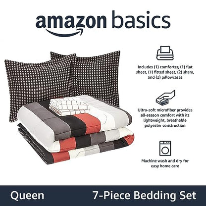 Amazon Basics Full/Queen Comforter Set with Plaid, Striped Sheets, 7-Piece Red Simple Stripe Bedding, Lightweight Microfiber Bed-in-a-Bag - color: Red Simple Stripe, size: Full/Queen, style: 1-Pack
