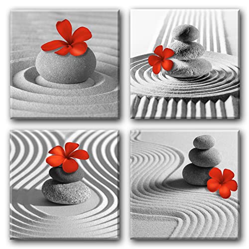 Yxbhhym Bathroom Decor Zen Decor Gray Wall Art Red Floral Wall Pictures Black and White Wall Art Flower Zen Stone Sand Pebble Canvas Print Artwork for Bedroom Living Room Home Wall Decoration - color: zen red grey, size: 12"L x 12"W x 4 pcs