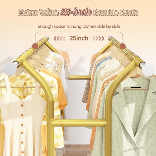 Raybee 74" W Clothes Rack 630 LBS Heavy Duty Double Rods Adjustable Size | 2 Shelves 2 Rods, Industrial Stainless Steel, 360°Lockable Wheels, 15-Min Tool-free Assembly, Bedroom Closet Living Room - color: Gold