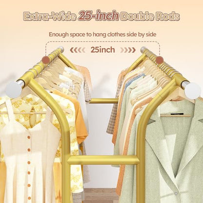 Raybee 74" W Clothes Rack 630 LBS Heavy Duty Double Rods Adjustable Size | 2 Shelves 2 Rods, Industrial Stainless Steel, 360°Lockable Wheels, 15-Min Tool-free Assembly, Bedroom Closet Living Room - color: Gold