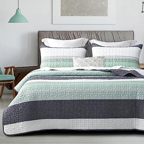 DURLENGEN Quilt Set Queen Size 3Pcs,Soft Microfiber Lightweight Bedspread,White & Green Striped Geometric Pattern Coverlet for All Season Layering(Queen 90x96,Mint Green) - color: Mint Green, size: Queen(90" x 96")