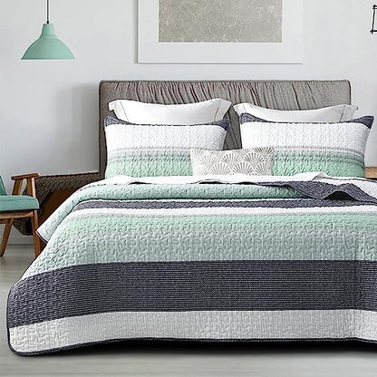 DURLENGEN Quilt Set Queen Size 3Pcs,Soft Microfiber Lightweight Bedspread,White & Green Striped Geometric Pattern Coverlet for All Season Layering(Queen 90x96,Mint Green) - color: Mint Green, size: Queen(90" x 96")
