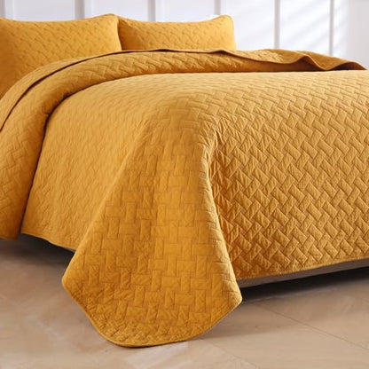 Wistown Cotton Queen Bedspread Quilt Bedding Set, Yellow | 3 Pieces Reversible Lightweight Soft Coverlets Comforters, All Seasons, Weave Stitching Pattern - color: Yellow Weave Pattern, size: Queen (90 by 98inch)