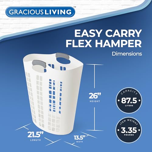 Gracious Living Laundry Basket, Easy Carry Flex Collapsible Hamper, 87.5L | Large Plastic Clothes Storage Organizer for Home, Bathroom, and Bedroom, White - size: 1 Pack