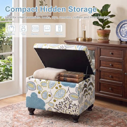 Adeco Colorful Storage Ottoman with Storage, 21" Linen Fabric Ottoman Foot Rest Stool with Hinged Lid with Blue Leaf Pattern, 360 LB Load Capacity, Living Room, Bedroom, Entryway - color: Blue Leaf Pattern