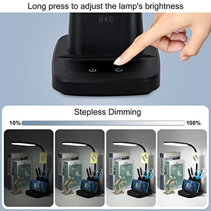 LED Desk Lamp with 10W Wireless Charging & Pen Holder, Black | CRI 95, 800LM, Stepless Dimming, 3 Modes, 360°Flexible Arm, Touch, Study Table Lamp for Home Office, Dorm Room, with Adapter - color: Black