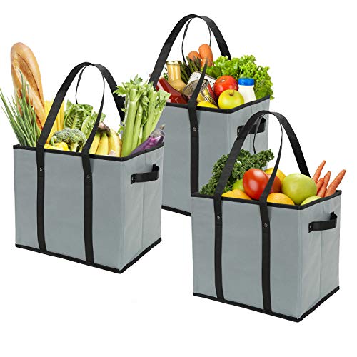 Foraineam Reusable Grocery Bags Set Durable Heavy Duty Tote Bag Collapsible Grocery Shopping Box Bag with Reinforced Bottom - color: Gray / 3 Pack