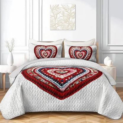 AILONEN Red Knitted Heart Quilt Set King Size,Heart Reversible Bedding Sets,Romantic Moment Bedspread Coverlet with 2 Pillowcases,3-Piece,Soft Lightweight Microfiber - color: Love53, size: King