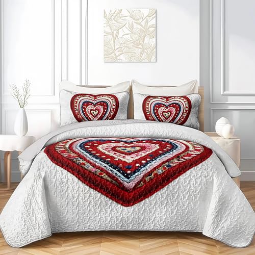 AILONEN Red Knitted Heart Quilt Set Queen Size,Heart Reversible Bedding Sets,Romantic Moment Bedspread Coverlet with 2 Pillowcases,3-Piece,Soft Lightweight Microfiber - color: Love53, size: Queen