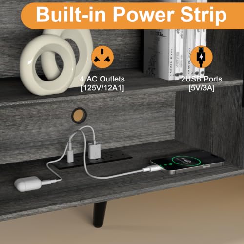 Lightdot 55" Gary Small TV Stand for TVs Up to 65" with Power Outlet | Mid-Century Modern Media Console with Fluted Side Cabinets & 2 Storage Shelves for Living Room Bedroom Entrance - color: Gray Oak/55"