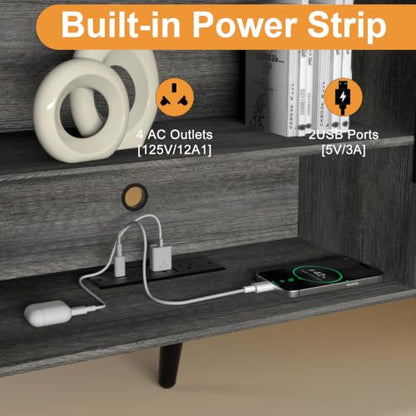 Lightdot 55" Gary Small TV Stand for TVs Up to 65" with Power Outlet | Mid-Century Modern Media Console with Fluted Side Cabinets & 2 Storage Shelves for Living Room Bedroom Entrance - color: Gray Oak/55"