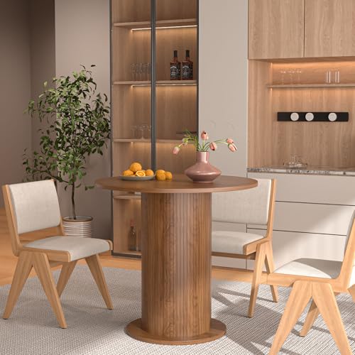 31.5 inch Round Dining Table for 2, Modern Farmhouse Kitchen Table | Small Circle Dining Tables with Wood Strip Base for Kitchen Living Room - color: Walnut