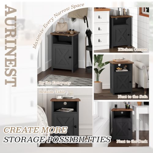 Farmhouse End Table Set of 2 w/Charging Station, Nightstands w/Barn Door & Storage Shelf, Rustic Bedside Table for Living Room, Bedroom, Entryway, Office, Small Spaces, Black