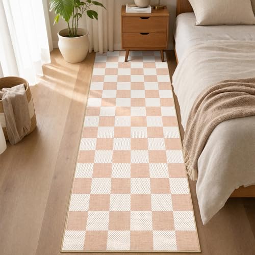 GarveeHome Checkered Blush Beige 2x6 Washable Low-Pile Kitchen Runner Rug | Non-Slip Blush Beige Stain Resistant Rug for Kitchen Hallway Entryway Bedroom Bathroom Geometric Modern Rug TPE Backing - color: Blush Beige, size: 2' x 6' (Rectangular)