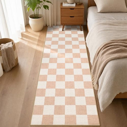 GarveeHome Checkered Blush Beige 2x6 Washable Low-Pile Kitchen Runner Rug | Non-Slip Blush Beige Stain Resistant Rug for Kitchen Hallway Entryway Bedroom Bathroom Geometric Modern Rug TPE Backing - color: Blush Beige, size: 2' x 6' (Rectangular)