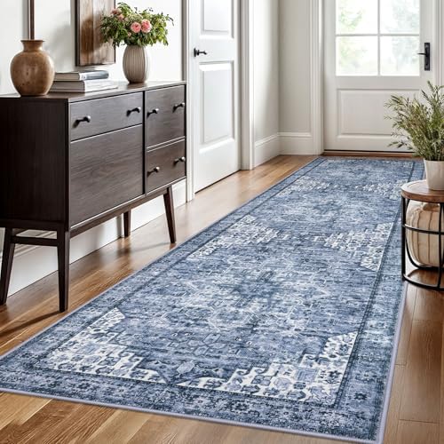 SIILOOM 3x10 Washable Runner Rug, Non Slip Soft Area Rug for Hallway Kitchen - color: Blue White, size: 3' x 10' (Runner)