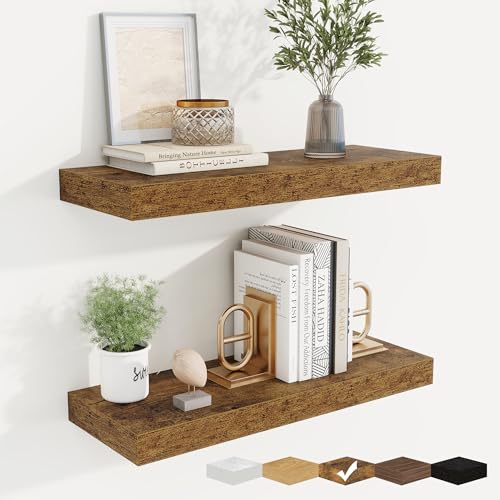 fuqing Floating Shelves for Wall, Wall Mounted Wood Floating Shelf with Invisible Brackets for Living Room, Bathroom, Bedroom, Kitchen Storage and Decor, 20 Inch Set of 2, Rustic Brown - color: Rustic Brown, size: 20"W x 6.5"D , 2 Pack