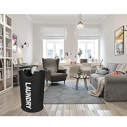 DOKEHOM 90L Large Laundry Basket Bag, Collapsible Tall Hamper, Black | Freestanding tall washing bin & foldable laundry bag. High-capacity clothes storage basket with durable sturdy handles - color: Black, size: 90L