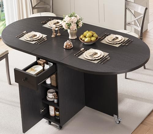Jocoevol Round Folding Dining Table for 6, Space Saving Drop Leaf Kitchen Table with Storage Drawer, 6 Wheels Oval Gateleg Foldable Dining Table for Small Spaces (Black, 51" x 31.5" x 30") - color: Black